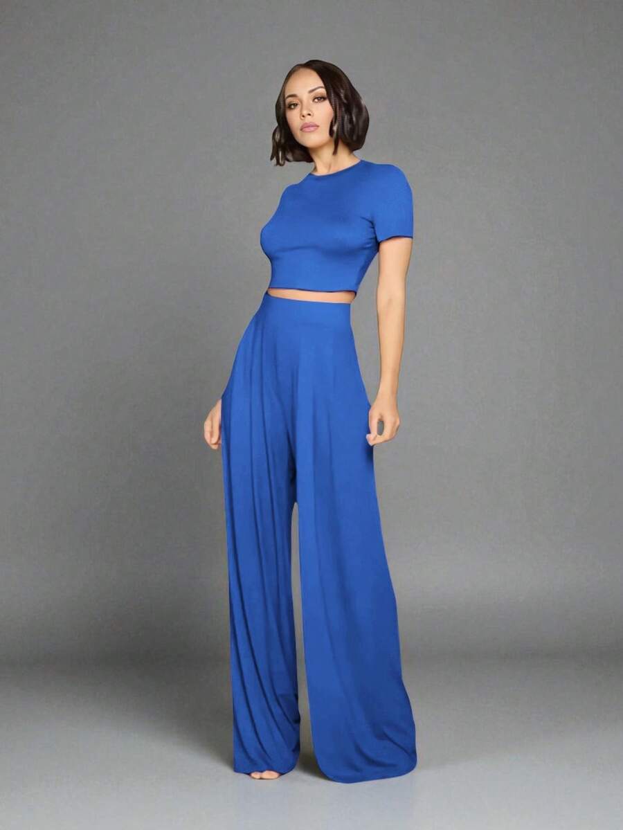 Conjunto Para Dama Crop Top Y Pantalón Recto Cómodo De Moda - Azul Rey - Ver 1