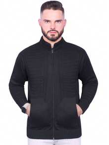 Men's Black Knit Cardigan Slim Zippered Wool Knit Jacket - màu đen - Xem 3