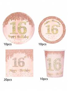 10pcs 16th Birthday Decorations For Princess Rose Gold Sweet 16 Birthday Party Supplies For Her 16th Happy Birthday Plates And Napkins Cups Tableware For Daughter Sweet 16th Birthday Party Favor - Multicolor - View 7