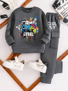 Toddler Game Console Graphic Print Warm Crew Neck Sweatshirt And Pants Set