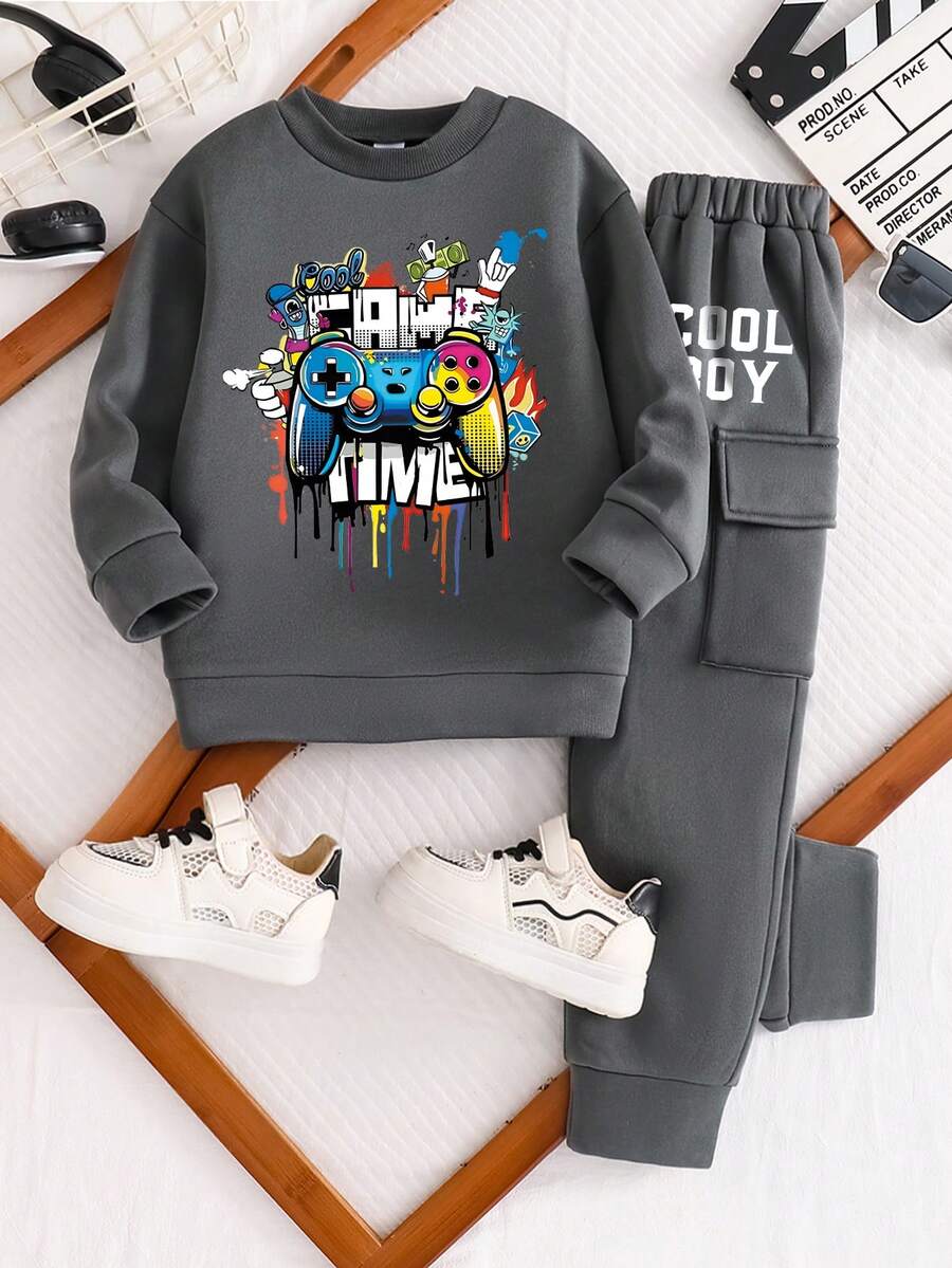 Toddler Game Console Graphic Print Warm Crew Neck Sweatshirt And Pants Set