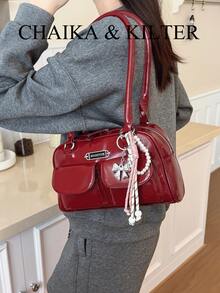 1件 CHAIKA & KILTER 女士纯色亮面PU皮革单肩包，时尚多口袋大容量波士顿保龄球包，带拉链封口，适合日常和户外使用（附赠吊坠） - 酒紅色 - 查看 8