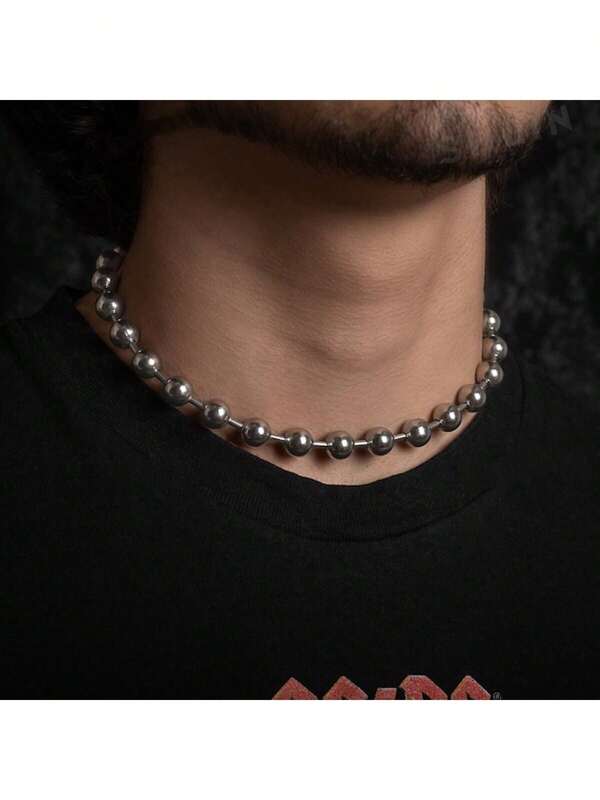 1 pièce Collier à chaîne de perles circulaires en acier de titane inoxydable pour hommes, mode pour les jeunes hommes et les étudiants