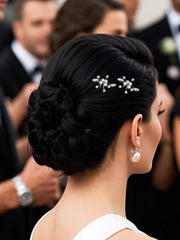 2pcs/Set Handmade Bridal Hair Accessories, Pearl & Rhinestone Hairpins, Suitable For Photography Studio Hairstyles