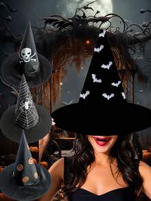 4 件套万圣节女巫帽、塔夫绸女巫帽、尖头女巫帽、黑魔术师巫师帽 - 黑色 - 查看 5