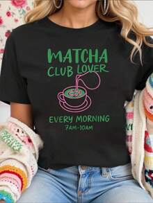 Women Cotton Tshirt Matcha Club Lover Every Morning 7AM-10AM Matcha Lovers Funny T-Shirt Comfort Tshirt Women - màu đen - Xem 1
