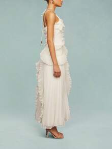 Y2k Ruffle Long Dress For Women Halter Backless Irregular Hem Ruched Boho Maxi Dress - Trắng ngà - Xem 4