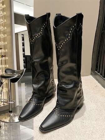 2025 Autumn/Winter New Fashionable Versatile Retro Rivet High Shaft Boots, French Style Women's Boots, Versatile Western Cowboy Boots, Riding Boots, Petite Long Boots