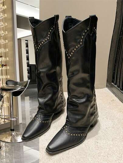 2025 Autumn/Winter New Fashionable Versatile Retro Rivet High Shaft Boots, French Style Women's Boots, Versatile Western Cowboy Boots, Riding Boots, Petite Long Boots