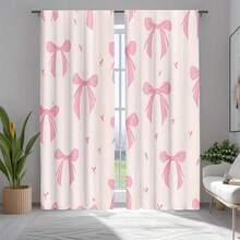 2pcs Set Pink Bow Print Light Filtering Curtains - Rod Pocket Design For Easy Hanging, Perfect For Bedroom, Living Room, Office Decor, Curtains For Living Room