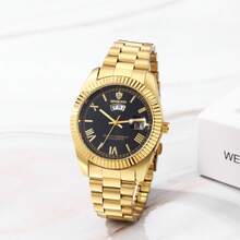 JEWELRYWE Elegant Men's Formal Watch, Analog Quartz Wristwatch, Stainless Steel Strap, Round Case, Calendar, Date, Luminous, Roman Numeral Scale, Suitable For Daily Casual Business Wear, Father's Day Birthday Anniversary Christmas Gift - 金色-白色 - 查看 9