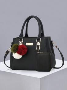 简约纯色双层大容量PU皮毛球装饰带钱包女士手提包，商务休闲女士单肩手提包，适合女性、职场新人和白领人士的母亲节礼物，非常适合工作、商务、通勤、上学