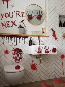81pcs Halloween Decoration Horror Bloodstain Wall Sticker Handprint Footprint Blood Skull Window Sticker Halloween Party Horror Sticke