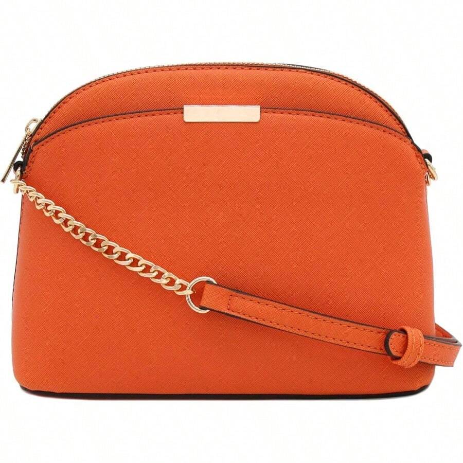 Saffiano Small Dome Crossbody Bag With Chain Strap - Orange - View 1