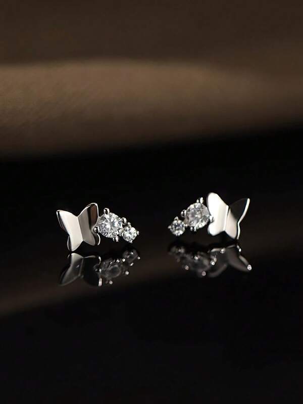 1 par de pendientes de mariposa con circonita cúbica de plata de ley 925, pendientes diminutos, delicados, lujosos y elegantes como regalo para mujeres