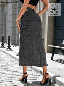 Jupe maxi en jean de style industriel minimaliste chic et décontracté polyvalente - Noir - Voir 6