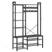 Appendiabiti Ingresso con Panca Scarpiera e 5 Ripiani Portaoggetti, 9 Ganci Attaccapanni e 6 Ganci Laterali, 40 x 120 x 190 cm,Stone Grey and Ink Black,Regalo Natale - nero - Visualizzare 7