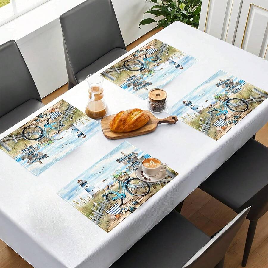 1 pieza/4 piezas/6 piezas Manteles individuales de lino con estampado de bicicleta vintage, decoración del hogar, adecuados para mesa de comedor, todo el año, manteles individuales lavables modernos, decoración de habitaciones, posavasos, manteles de mesa de cocina, decoraciones de fiesta interior/exterior, decoración del hogar, regalo ideal