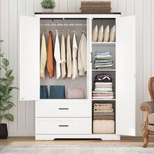 2/3/4 Doors Wardrobe Armoire Closet With Doors And Drawers, Farmhouse Wooden Armoire Storage Cabinet With Shelves & Hanging Rod For Bedroom - trắng - Xem 5