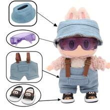 4 Stücke Set = 1 süße Sandalen + 1 Hut + 1 Sonnenbrille + 1 Hose, Arbeitskleidung mit Accessoires, für LABUBU Puppenkleidung Kollektion (ohne Puppe, nur Kleidung und Accessoires)