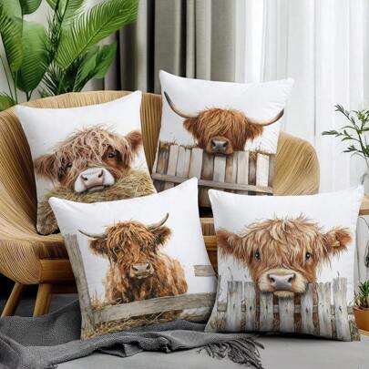 4pcs Minimalist Highland Cow Pillow Covers, Single-Sided Printed Soft Peach Velvet Fabric, 45*45CM Cushion Covers For Indoor Decor, Party, Gift