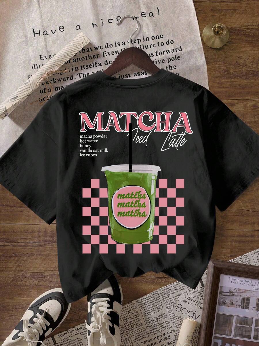 Matcha Top Pattern Women Casual Round Neck Short Sleeve T-Shirt, Summer Black - Black - View 1