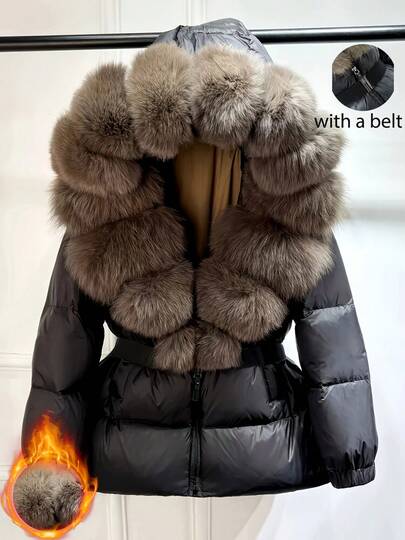 Women Elegant Winter Jacket With Fur Collar, Hooded Padded Coats, Belted Quilted Jacket