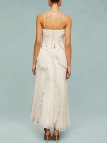 Women Ruffle Pleated Long Dress Sleeveless Halter Irregular Tiered Pleated Flowy Chiffon Dresses For Wedding Guest - Beige - View 3