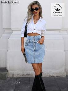 Váy midi denim cạp cao đính nút gợi cảm thanh lịch lãng mạn thường ngày đa năng cho lễ hội âm nhạc mùa hè - Màu xanh lam - Xem 2
