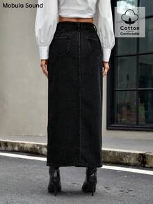 Mobula Sound 春夏时尚性感音乐节百搭时尚纽扣装饰开衩设计优雅女式长款牛仔超长裙 - 黑色 - 查看 7