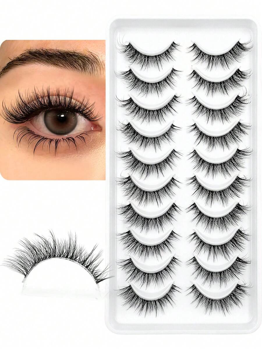 Asiteo 10 Pairs Fluffy Natural Cartoon Style False Eyelashes - Transparent Stem, Faux Mink, Cat Eye Shape, Short Natural Makeup Effect, Suitable For Daily Makeup - Reusable, Comfortable, Beginner-Friendly False Eyelashes - 黑色 - 查看 1