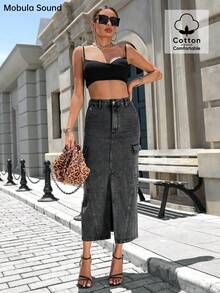 Jupe maxi en jean de style industriel minimaliste chic et décontracté polyvalente - Noir - Voir 2