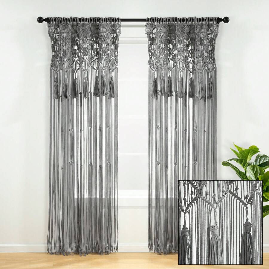 LUSH DECOR Boho Macrame Tassel Cotton Window Curtain/RoomDivider/WeddingBackdrop/WallDecor Neutral Single 40X84 Halloween-Fall Decor-Room Decor - Gray - 查看 1