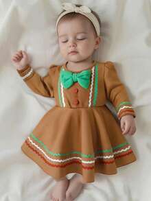 Toddler Baby Girl Christmas Dress Gingerbread Man Velevt Ruffle Dress Long Sleeve Tutu Dresses Christmas Outfit - 卡其色 - 查看 4