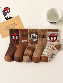Marvel 5 Pairs Kids Socks, Spider-Man Superhero Socks For Boys Mid-Calf Socks, Korean Style Cartoon Socks For Girls, Autumn/Winter