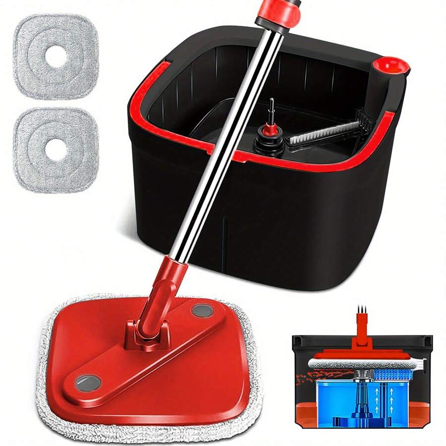 Square Spin Mop And Bucket Smart Floor Mop With Separate Compartments For Clean And Dirty Water, Self Cleaning With 2/ 6 Machine Washable Mop Pads, Always Clean Floors With Clean Waterf