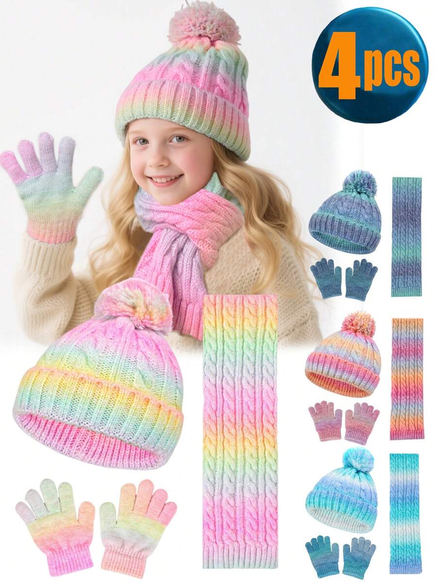 Set de 4 piezas de gorro de punto, guantes y bufanda de invierno con pompones para niños, gorro de bebé de color degradado de polar grueso con una sola bola, conjunto de bufanda con capucha de punto para niñas/niños