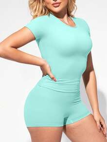 Two Piece Set Of Women's Solid Color Round Neck T-Shirt+High Waisted Cycling Shorts Sports Suit, Lapel Short Sleeved T-Shirt+Tight Shorts, Gym Clothing, Women's Sportswear, Indoor And Outdoor Casual Sportswear, Fitness Clothing, Workspace Clothing, Sportswear - Baby Blue - View 2