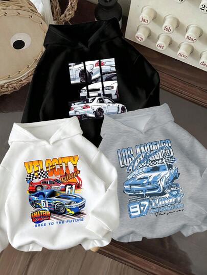 Set de 3 sudaderas con capucha cálidas con estampado de autos para niños pequeños