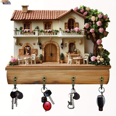 1 pieza Soporte de llaves de madera rústica multifuncional plano en 2D con 4 ganchos de metal, decoración de pared, decoración del porche, decoración de la habitación, decoración de la villa, decoración del hogar para todas las estaciones, artesanía de impresión plana en 2D (video del producto adjunto, por favor mira primero)