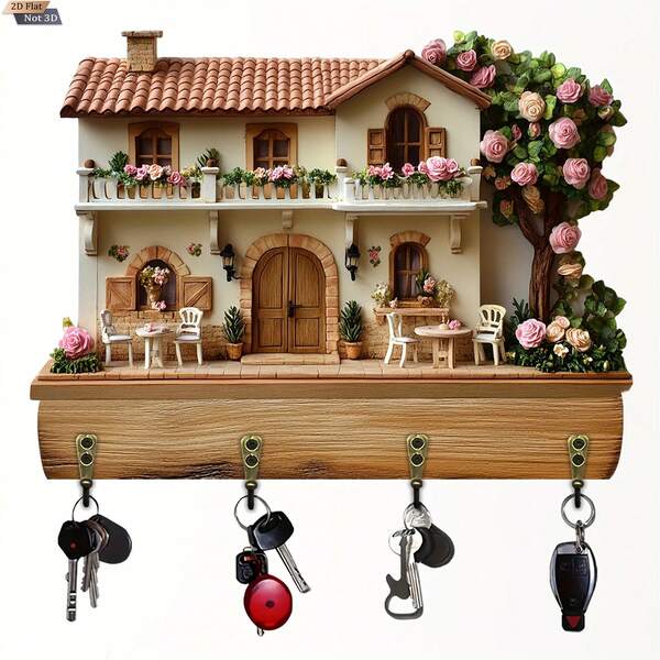 1 pieza Soporte de llaves de madera rústica multifuncional plano en 2D con 4 ganchos de metal, decoración de pared, decoración del porche, decoración de la habitación, decoración de la villa, decoración del hogar para todas las estaciones, artesanía de impresión plana en 2D (video del producto adjunto, por favor mira primero)