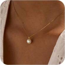 Gold Pendant Necklace For Women, Dainty Diamond Necklaces For Women Simple 14K Gold Plated Paperclip Choker Necklaces Cute Minimalist Open Oval Necklaces Gold Jewelry For Women Gifts - 黃金+珍珠吊墜 - 查看 1