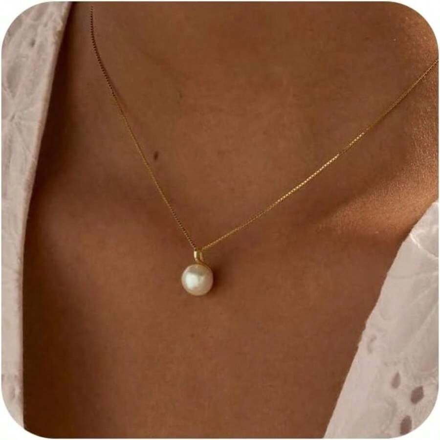 Gold Pendant Necklace For Women, Dainty Diamond Necklaces For Women Simple 14K Gold Plated Paperclip Choker Necklaces Cute Minimalist Open Oval Necklaces Gold Jewelry For Women Gifts - 黃金+珍珠吊墜 - 查看 1