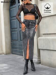 Mobula Sound 时尚休闲时尚银箔开衩牛仔女裙