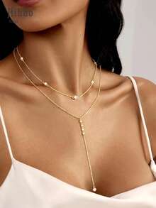 Hihho 1 件双层金项链，闪亮锆石装饰吊坠，女士精致长项链镀金多股串珠链，Y 形身体链，堆叠吊坠，婚礼项链，简约黄金珠宝礼物 - 金黃色 - 查看 2
