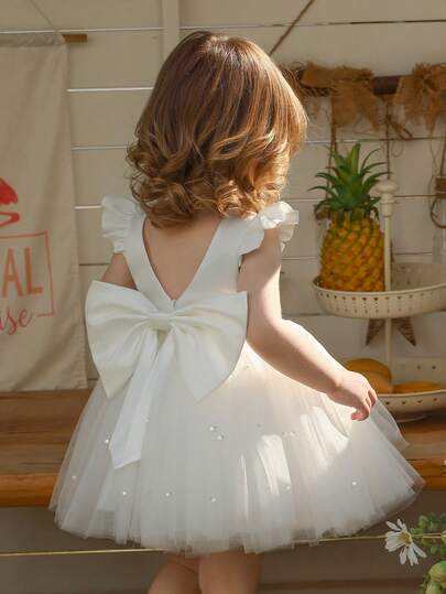 Baby Girl Cap Sleeve Bow Tulle Party Dress, Elegant Princess Dress For Girls, Suitable For 1st Birthday Gift, Banquet, Evening Party, Important Occasions