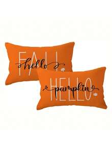 2 Fundas de almohada de lino naranja de estilo festivo - Hola Calabaza y Hola Otoño - Sin núcleo de almohada - Impresión de un solo lado - Estilo contemporáneo - Lavable a máquina - Cierre con cremallera - Adecuado para sofá, sofá, decoración de otoño, decoración de otoño, decoración de habitación - Naranja - Ver 1