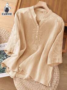 大码休闲宽松刺绣细节女式上衣，春夏 - 杏色 - 查看 3