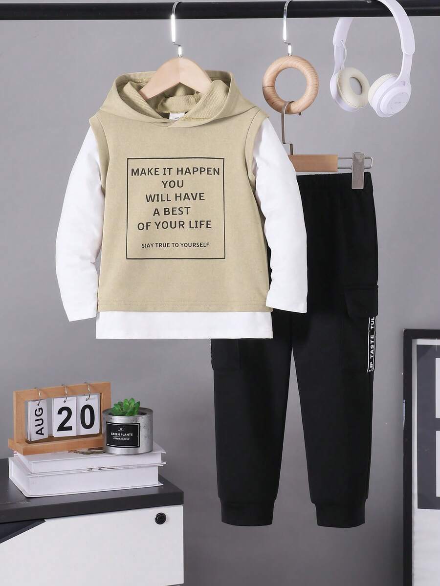 2pcs/Set Boys' Casual Hoodie Sweatshirt With Letter Print And Matching Sweatpants, Spring/Autumn