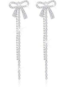 Bow Earrings For Women  Sparkly Rhinestone Chain Tassel Earrings Cute Ribbon Stud Earring Daily Party Jewerly Gifts Christmas Stocking Stuffers - B1: Silver Bow Earrings - View 1